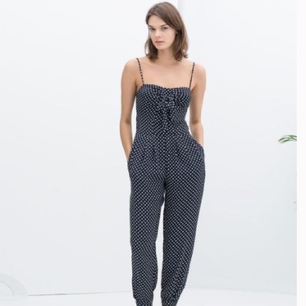 Zara | Open Back Polka Dot Jumpsuit Womens Size XS Blue Skinny Leg